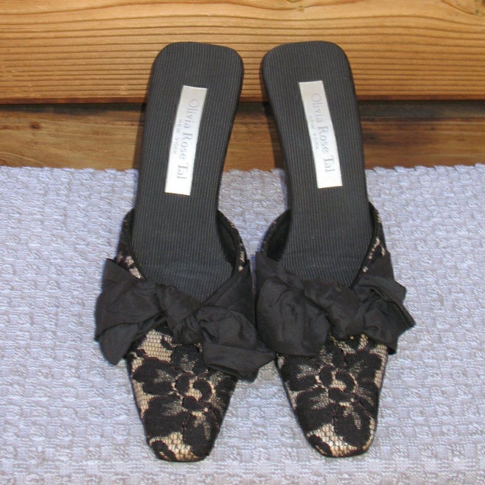 Black Lace Bow Mules Shoes Heels - Picture 3 of 8
